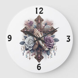 Bidden Handen met Rosery, Kruis, Rozen Grote Klok