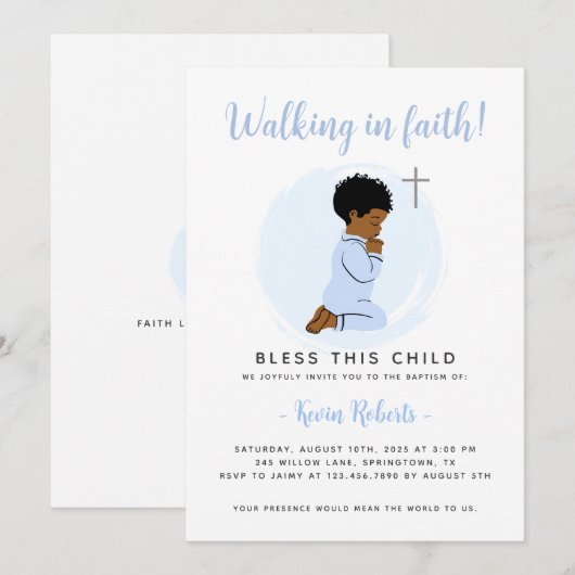 Bidden Jongen Doop Uitnodiging – Blauw (Voorkant / Achterkant)