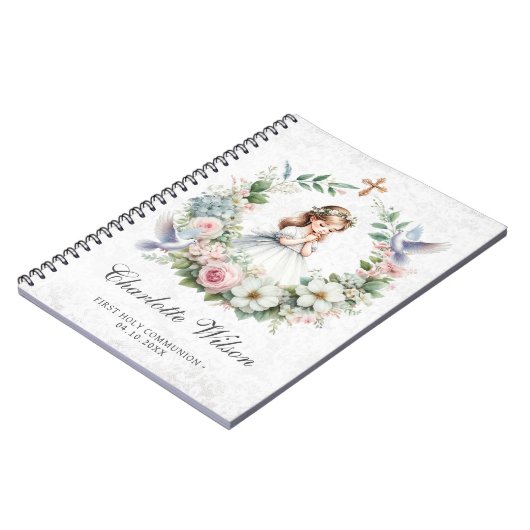 Bidden meisje witte duiven bloemeneerste communie notitieboek (Linkerzijde)