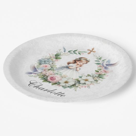Bidden meisje witte duiven bloemeneerste communie papieren bordje (Gekanteld)