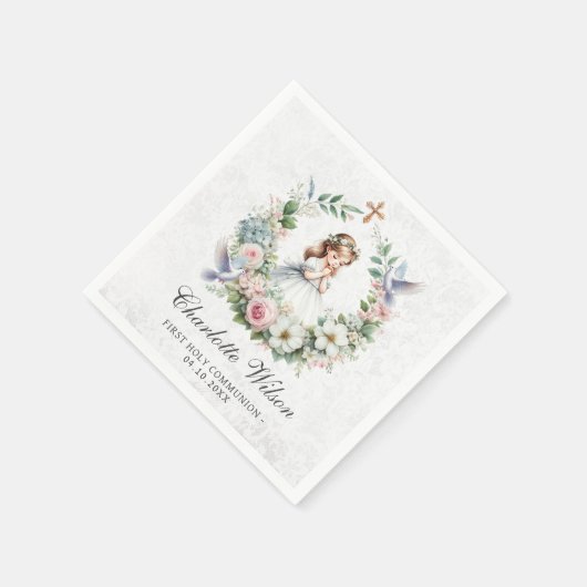 Bidden meisje witte duiven bloemeneerste communie servet (Hoek)