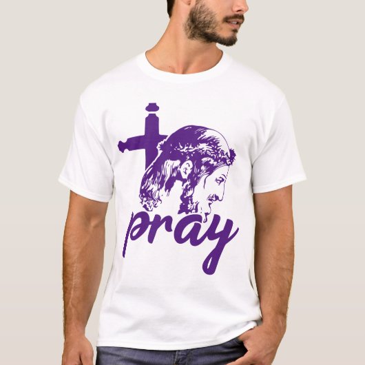 Bidden Typografie Jesus Afbeelding Paarse T-shirt (Voorkant)
