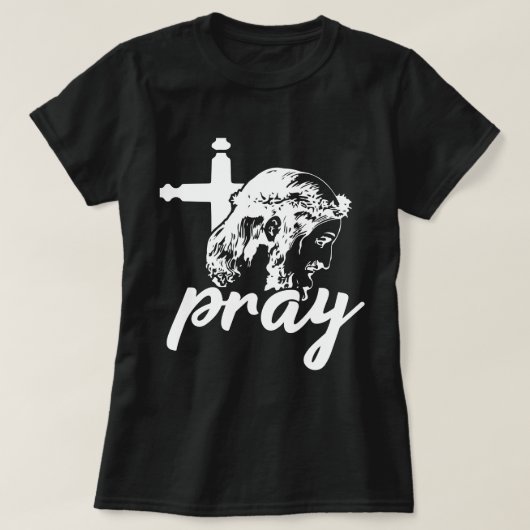Bidden Typografie Jesus Afbeelding Zwart & Wit Vro T-shirt (Design voorkant)