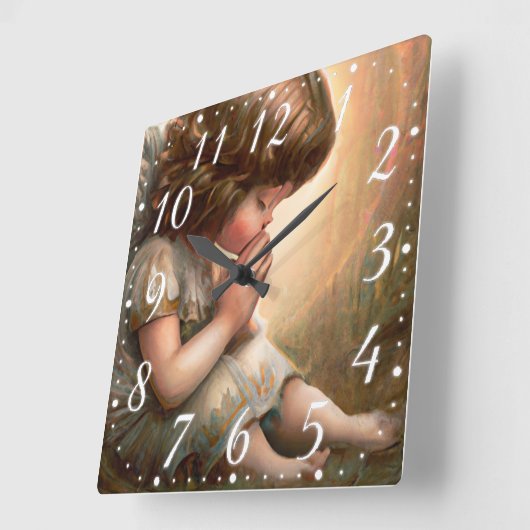 Biddend meisje engel stralend licht halo vierkante klok (Hoek)