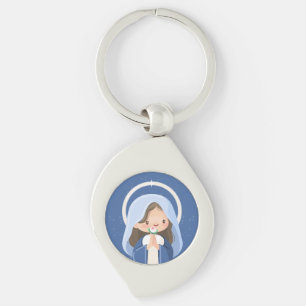 Biddende Kawaii Maagd Maria met Bloem – Marineblau Sleutelhanger