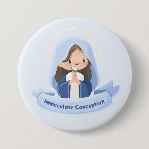 Biddende Kawaii Maagd Maria – Zachte Blauwe Lucht Ronde Button 7,6 Cm
