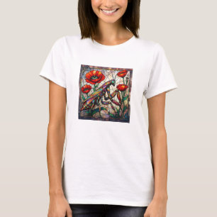 Bidsprinkhaan Rode Klaproos Glas-in-Lood Kunst Ins T-shirt