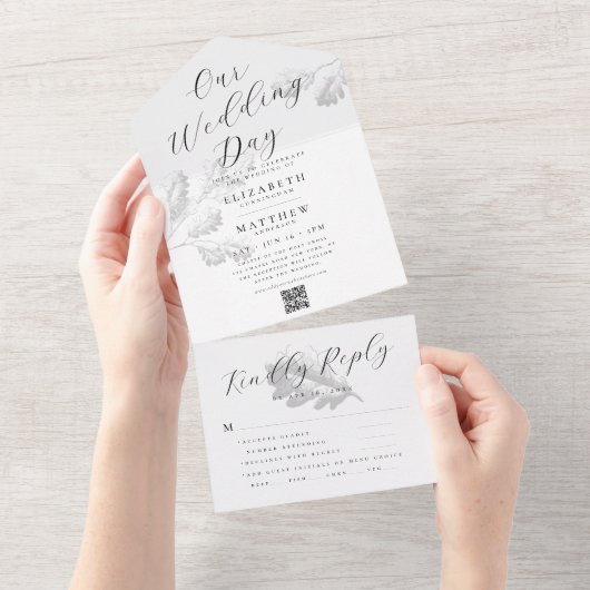 Bieden Moderne Eenvoudige Botanische QR-code All In One Uitnodiging (Afscheurbaar)