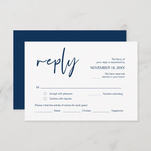 Bieden RSVP, met maaltijdopties, Navy Blue font Informatiekaartje (Voorkant / Achterkant)
