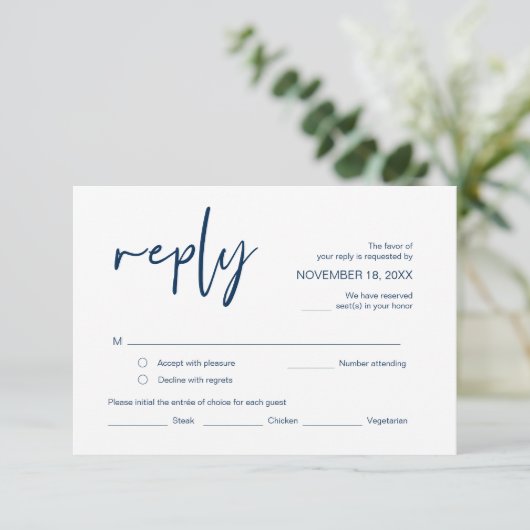 Bieden RSVP, met maaltijdopties, Navy Blue font Informatiekaartje (Staand voorkant)