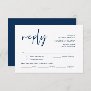 Bieden RSVP, met maaltijdopties, Navy Blue font Informatiekaartje