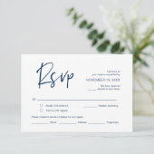 Bieden RSVP, met maaltijdopties, Navy Blue font Informatiekaartje (Staand voorkant)