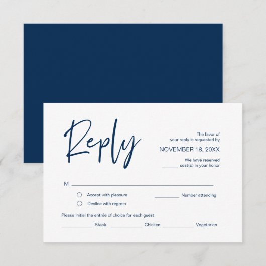 Bieden RSVP, met maaltijdopties, Navy Blue script Informatiekaartje (Voorkant / Achterkant)