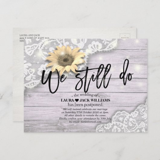 Bieden uitstel van de bruiloft. We doen nog steeds Aankondigingskaart (Voorkant / Achterkant)