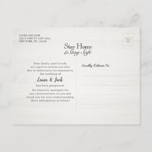 Bieden uitstel van de bruiloft. We doen nog steeds Aankondigingskaart (Achterkant)