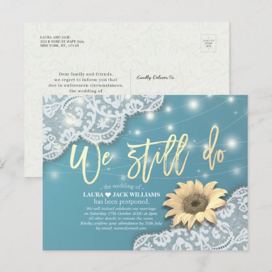 Bieden uitstel van de bruiloft. We doen nog steeds Aankondigingskaart (Voorkant / Achterkant)