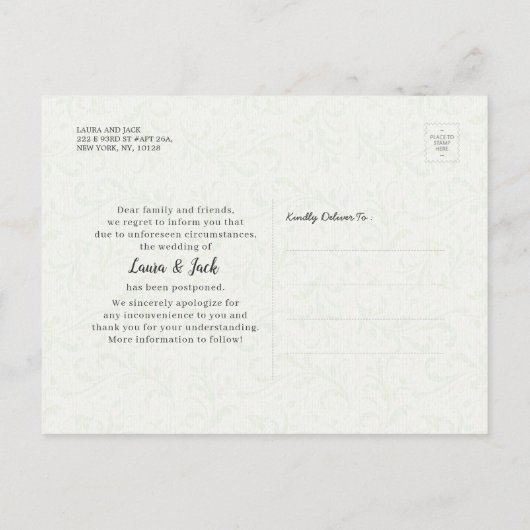 Bieden uitstel van de bruiloft. We doen nog steeds Aankondigingskaart (Achterkant)