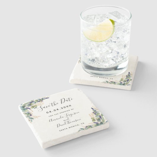 Bieden van eucalyptus greenery Save the Date Stenen Onderzetter (Zijkant)