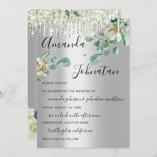 Bieden van monogram Florals Mint Green Silver Kaart (Voorkant / Achterkant)