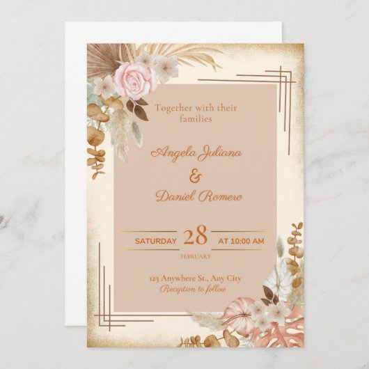 Biege Thema Bloem Bruiloft Uitnodiging Kaart (Voorkant / Achterkant)