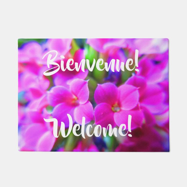 Bienvenue Welcome French English Bright Flowers Deurmat (Voorkant)