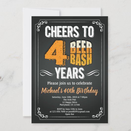 Bier 40e verjaardag krijtbord man bar feest kaart (Voorkant)