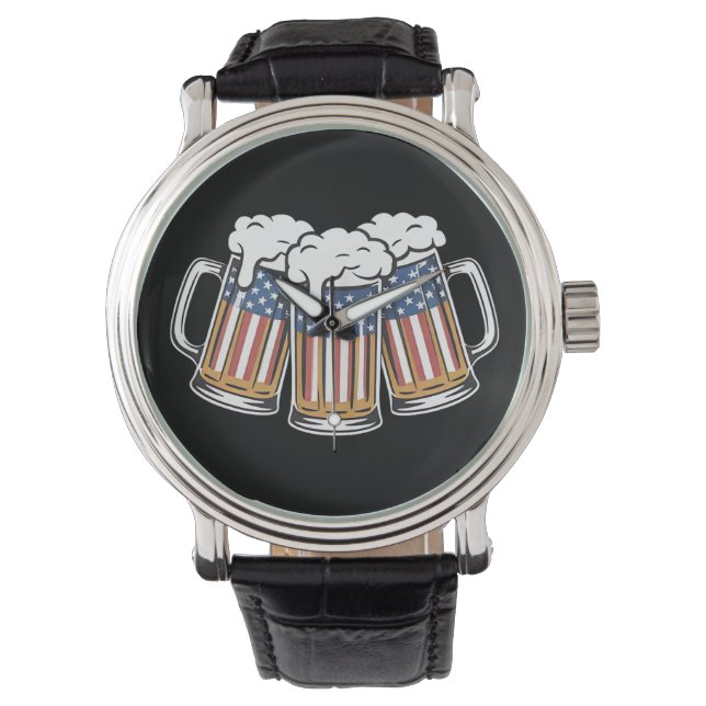 Bier 4 juli Amerikaanse vlag VS Oud-Retro Horloge (Voorkant)
