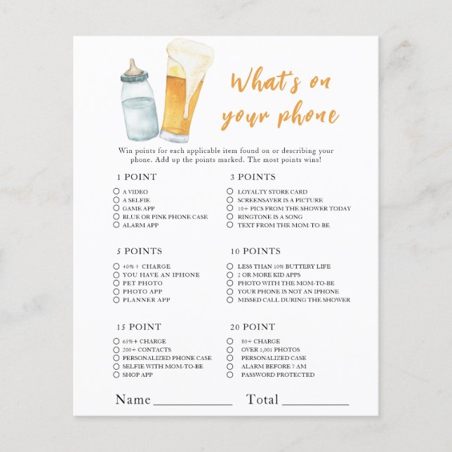 Bier baby shower - Wat is er op uw telefoon spel (Voorkant)