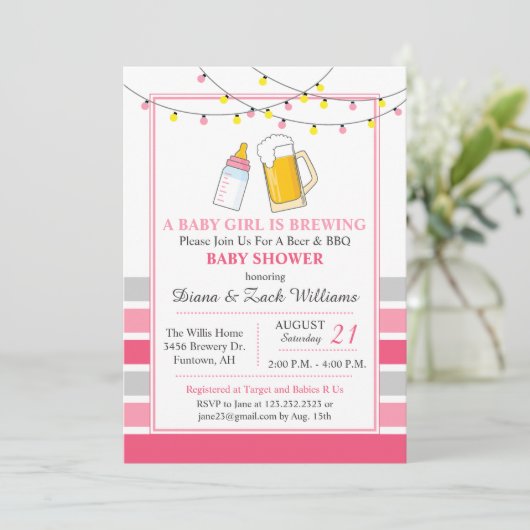 Bier en Baby shower uitnodiging roze (Staand voorkant)
