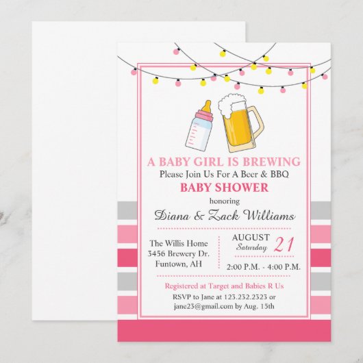 Bier en Baby shower uitnodiging roze (Voorkant / Achterkant)