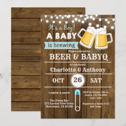 Bier en BabyQ stellen baby shower-uitnodighout Kaart (Voorkant / Achterkant)