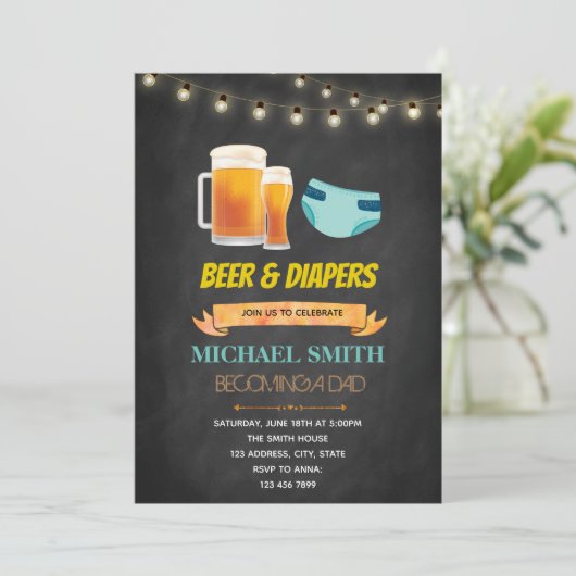 Bier en luier verjaardagsdouche uitnodiging (Staand voorkant)