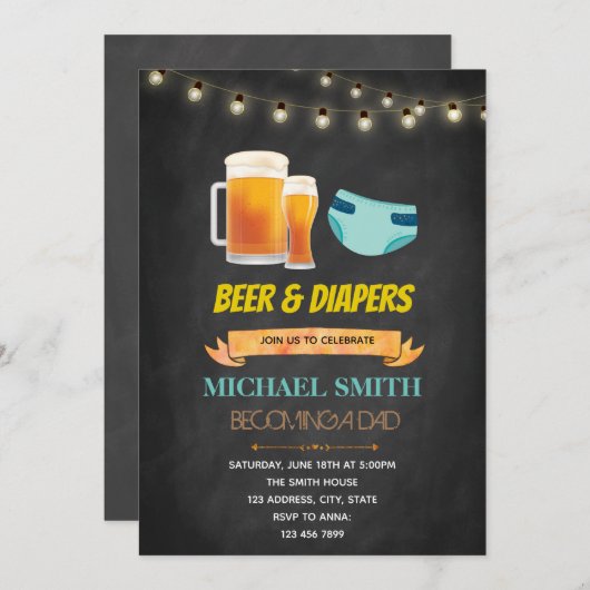 Bier en luier verjaardagsdouche uitnodiging (Voorkant / Achterkant)
