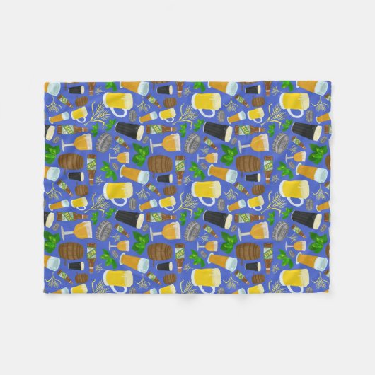Bier Glass Bottle Hops Barley Pattern Blue Brewery Fleece Deken (Voorkant (Horizontaal))