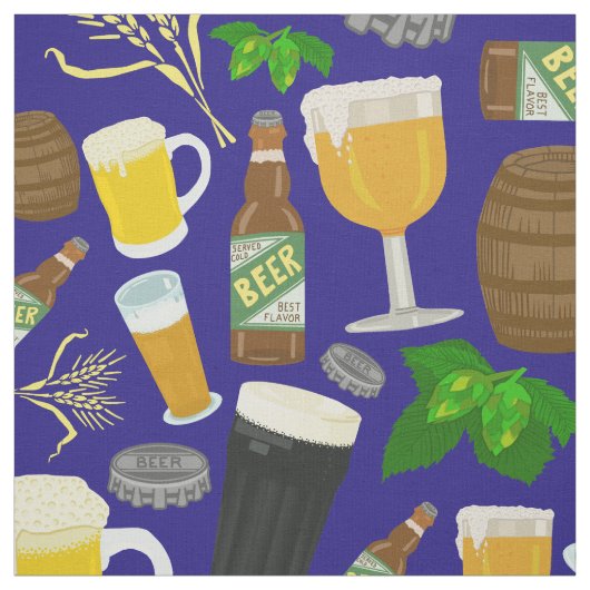 Bier Glass Bottle Hops en Barley Pattern Blue Stof (Swatch)