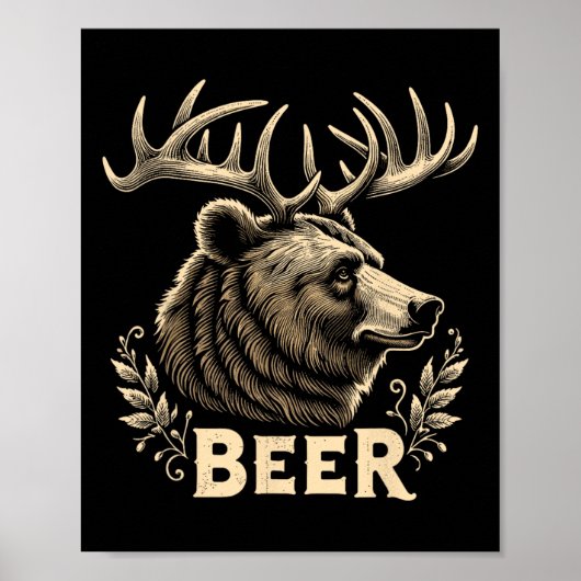 Bier Grappig  Ontwerp Beer met Hertengewei F Poster (Voorkant)
