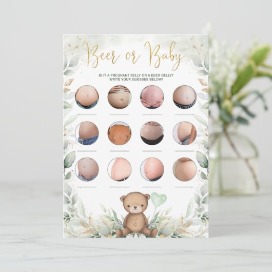 Bier of Baby Belly Teddy Bear Greenery Shower Kaart (Staand voorkant)