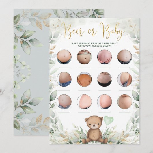 Bier of Baby Belly Teddy Bear Greenery Shower Kaart (Voorkant / Achterkant)