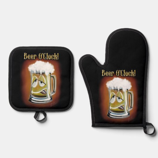 Bier op de klok! ovenwant & pannenlap set (Voorkant)