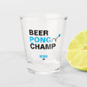 Bier Pong Champion Kampioen Blauw & Zwart Shot Glas (Voorkant)
