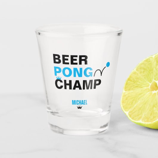 Bier Pong Champion Kampioen Blauw & Zwart Shot Glas (Voorkant)