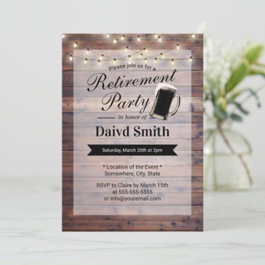 Bier Retirement Party String Lights Rustisch Hout Kaart (Staand voorkant)