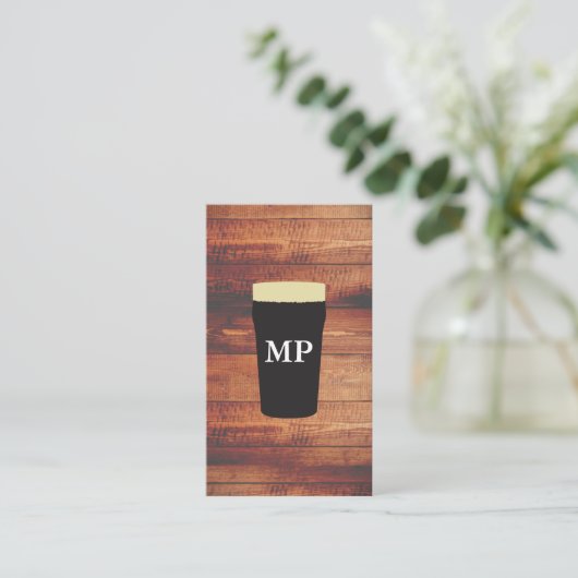 Bier Rustic Wood Square Element met Monogram Visitekaartje (Staand voorkant)
