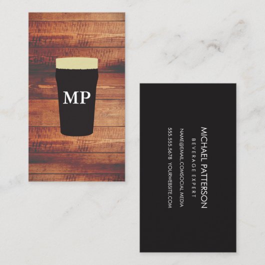 Bier Rustic Wood Square Element met Monogram Visitekaartje (Voorkant / Achterkant)