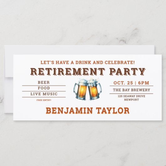 Bier thema brouwerij wit ticket pensioenfeest (Voorkant)