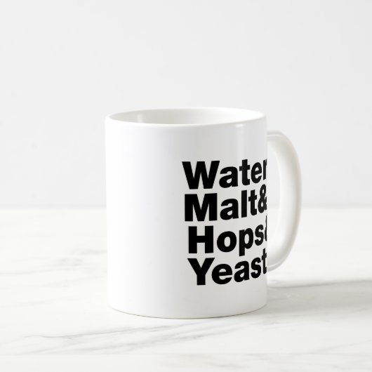 Bier = Water, mout, hop en gist. Koffiemok (Voorkant rechts)