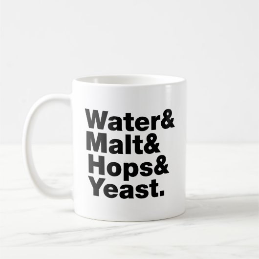 Bier = Water, mout, hop en gist. Koffiemok (Links)