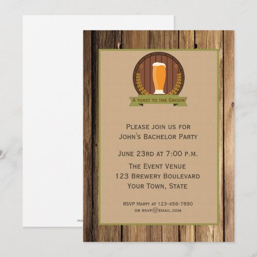 Bierglas, Houten Uitziende Bachelorfeest Kaart (Voorkant / Achterkant)