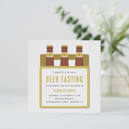 Bierproeverij verjaardagsfeestje uitnodiging geel (Staand voorkant)