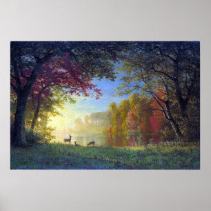 Bierstadt - Indiaanse zonsondergang Herten bij een Poster
